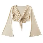 Bell-Sleeve Tie-Front Crop Top Almond - One Size