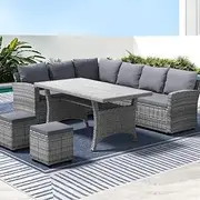 Gardeon 8 Seater Rattan Outdoor Table and Chairs Lounge Set Wicker Dining Tables Chair Setting Sofa, Patio Furniture Garden Backyard, Weather-Resistant Cushions Pillows Grey with Ottoman