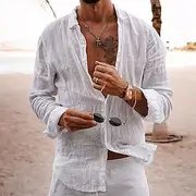 Men's Linen Shirt Casual Shirt Beach Shirt Button Up Shirt Untucked Shirts Plain Vacation Curise Black White Pink Navy Blue Long Sleeve Lapel Spring Summer Cl