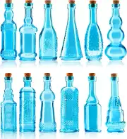 Small Blue Vintage Glass Bottles with Corks, Mini Vases, Decorative, Potion, Ass