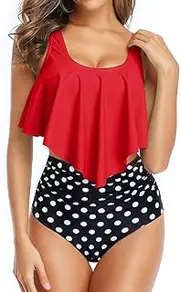 [Tempt Me] Two Piece Bikini Swimsuit for Women Ruffled Flounce Top with High Waisted Ruched Bottom Bathing Suit