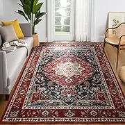 YJ.GWL Large Area Rug for Living Room, 6x9 Machine Washable Boho Rug for Bedroom, Low Pile Lightweight Thin Rugs Floral Vintage Distress Print Pattern Carpet for Dining Room, Red