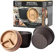 KABIN Spice Mill - Spice Grinder Manual Pepper Mill - Durable Cast Iron Mortar and Pestle Set Herb Crusher - Hand Grind, Measure & Store Your Spices and Herbs- Molcajete Bowl