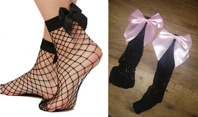 SUPER CUTE Black Fishnet Socks medium holes big Baby Pink bow UK Fast Post BNWT