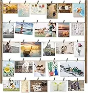 Wood Picture Photo Frame for Wall Decor 26×29 inch - With 30 Clips & Ajustable Twines - Collage Artworks Prints Multi Pictures Organizer & Hanging Display Frames
