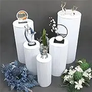 3/5PCS Metal Wedding Plinths Cylinder Pedestal Stand Ripple Cake Dessert Display Corrugated Design Throughout White (5PCS Height（50cm+55cm+60cm+75cm+90cm）)