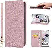 [NanHou] Google Pixel 7 Pro Case Microfiber Leather RFID Blocking Wallet Magnetic Closure Kickstand Wrist Strap Card Holder Shockproof Flip Cover - Pink