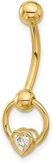 [JewelryWeb] 14ct Solid Yellow Gold 14 Gauge Polished CZ Simulated Diamond Love Heart Dangle Navel Belly Ring 29mm Long