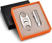 CIGARLOONG Cigar Cutter and Lighter Set Double Blade Simple Cigar Guillotine and 3 Jet Torch Blue Flames Refillable Lighter (Silver)