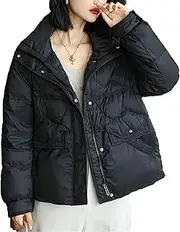 [Generic] Women's Beige Quilted Puffer Jacket with High-Neck Collar Front Zipper Closure and Snap Button Pockets for Winter Warmth