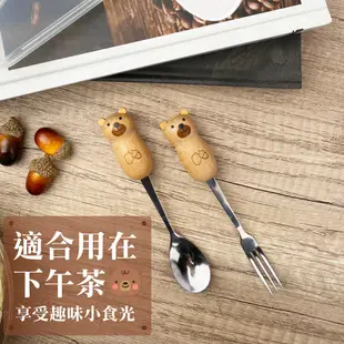木頭柄動物造型餐具組 餐具組 水果叉 攪拌杓 收納盒 小湯匙 木頭柄 叉子 湯匙