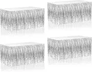 4 Pack Metallic Foil Fringe Tinsel Table Skirts for Rectangle Table, Streamer Curtains Backdrop for Wedding, Birthday Party, Parade Floats, Dessert Cake Tables, 29x108 Inch, Silver