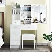 Vanity Desk with Mirror and Lights, Small Dressing Table with Lights and Stool, Vanity Table with 5 Drawers, for Bedroom White