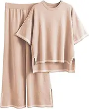 [Athlisan] Womens Knit Two Piece Outfits Sweater Sets Short Sleeve Pullover Tops Wide Leg Elastic Waist Pants Loungewear