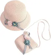 [Ipetboom] Set of Boys and Girls Straw Beach Hat Bag Cute Bag Sun Hat Set for Boys and Girls Baby Straw and Beach Accessory Kit for Little Pink
