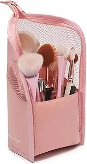Makeup Brush Bag Multifunctional Makeup Brush Organiser Bag Half Clear Travel Makeup Brush Holder Waterproof Standing Zipper Cosmetic Brush Pouch Polyester Makeup Brush Case (Pink)
