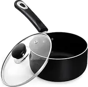 KICHLY Nonstick Saucepan with Glass Lid - Multipurpose Use for Home Kitchen or Restaurant Milk Pan, Black, 16cm / 1.5 Litre