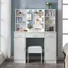 Large Makeup Vanity Table w/ 10 LED Mirror & Mutil Shelves Makeup Dressing Stool
