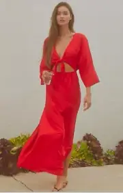 NWT Anthropologie TIE FRONT CUT OUT MAXI Dress RED L LARGE