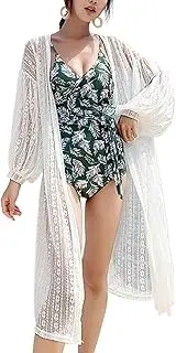 [Wedhapy] Beach Cover Ups for Women Kimonos for Women White Lace Covers for Ladies Long Sunproof Cardigan for Breathable Cotton Loose Summer Kimono for Beach Swim