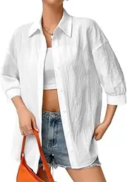 [FGAoTeng] Women Oversized 3/4 Sleeve Button Down Shirts - Spring Summer Loose Fit Solid Color Drop Shoulder Lapel Collar Blouse, Lightweight Casual V Neck Top for Office Daily Wear