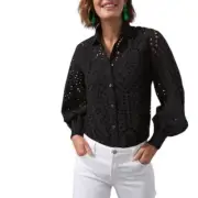 Chico's Eyelet Billow Sleeve Shirt In Black Size 4 (US 20/22) Long Sleeves
