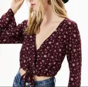 NEW NWT Pacsun LA Hearts Maroon Floral Long Sleeve Crop Top Wrap Tie Front Small