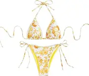 [Vataiky] Bikini Sets for Women Triangle Swimsuit Sexy Thong Floral Bikini Womens Swimwear Two Piece Set Bikini Top Yellow Bikini