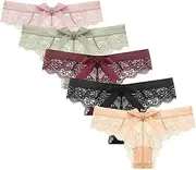 [HEJIGOOD] Lace Thongs for Women Low Waist Hollow Ice Silk Panties Bow Hipster Sexy Ladies Briefs Pack of 5,M-XXL