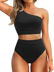 [Holipick] Women One Shoulder High Waisted Bikini Sets Two Piece Swimsuit Tummy Control Bathing Suit Full Coverage Swimwear