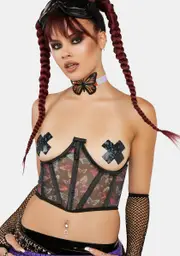 [Daisy Corsets] Lavish Neon Butterfly Print Mesh Open Cup Waist Cincher