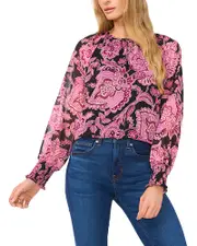 CeCe Paisley Smocked Cuff Pleated Neck Blouse