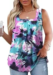 [VOGRACE] Plus-Size-Tank-Tops for Women Summer Pleated Square Neck Tunics Trendy Casual Floral Print Sleeveless Shirts 1X-5X