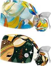 [YTYVAGT] 2-Pc,Nurse Scrub Caps,Scrub Hats with Buttons and Cotton Sweatband,Crystal Glass Decorative Candy