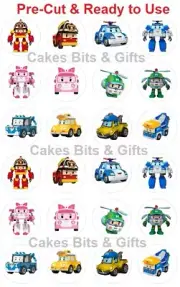 24x ROBOCAR POLI Mix Edible Wafer Cupcake Toppers PRE-CUT Ready to USE