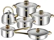 Stainless Steel Tea Kettle，Pots and Pans Set, 12-Piece Kitchen Cookware Sets with Glass Lids, Stay-Cool Handle, Oven Safe, Works with Induction, Electric and Gas Cooktops (Golden Handle)