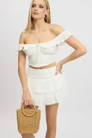 White Mini Skirt High Rise Shirred Waist Broidery Eyelet - Size 14L, Women's Mini Skirt