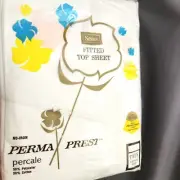 Vintage Sears Twin Size Flat Top AND Fitted Perma-Prest Percale Muslin USA White