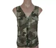 Charlotte Russe Camouflage V-Neck Chiffon Top With Gold Studs Size S NEW