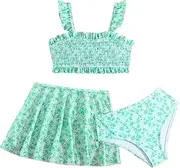 [COOLOYA] Girl's 3 Piece Floral Shirred Bikini Swimsuit with Skirt Cover Up Bikini Set Bathing Suit
