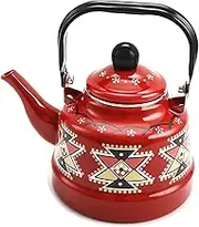 PIDUDU 2.5L Enamel Teapot Stove Top Kettle，Large Capacity Teapot Geometric Patterns Kettle Enamel Coated Vintage Stainless Steel Vintage Flat Bottom Decorative Water (Red)
