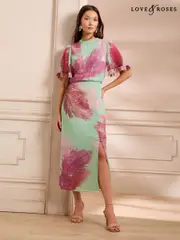 Love & Roses Green Petite Feather Sequin Angel Sleeve Midi Dress (F18283) | $175