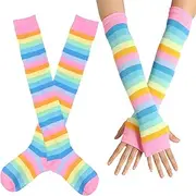 [SherryDC] Womens Girls Cosplay Rainbow Striped Knee High Socks Leg Arm Warmer Fingerless Gloves Set