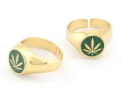 Leaf Ring Adjustable Green Enamel Filled Shiny Gold Plated Brass 7US-9US 4805