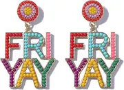 [Dreuyet] FRI-YAY Beaded Dangle Drop Earrings Rhinestone Dainty Teacher Earrings for Women Colorful Teacher Appreciation Gifts Back to School Friday Gifts