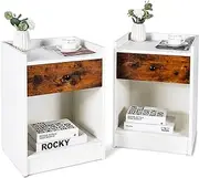 2Pcs Bedside Table, 2-Tier Nightstand Side End Table, w/ 1 Storage Drawer & 1 Open Compartment, Industrial & Modern, Wooden Sofa Side Table File Cabinet, for Home Office Living Room, Bedroom, Study Room, Black/White/Rustic Brown (White)