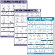 3 Pack - Pilates Workout Poster Set Volume 1 & 2 + Stretching Routine - Pilates Mat Work Exercises - Fitness Charts (18 x 24, LAMINATED)