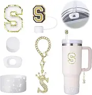 Mity Rain 6pc Cup Accessories Set for Stanley 30 oz & 40 oz Tumbler with Handle, Including Straw Cover Cap, Cup Initials Charm, Sticker, Silicone Boot, Round & Square Spill Proof Stopper, Letter S