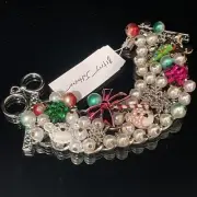 Betsey Johnson Bracelet Holiday Christmas Tree Candy Cane Faux Pearls Crystals