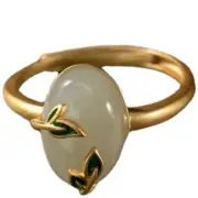 Natural Hetian Jade Retro Leaf Ladies Opening Adjustable Rings Jewelry